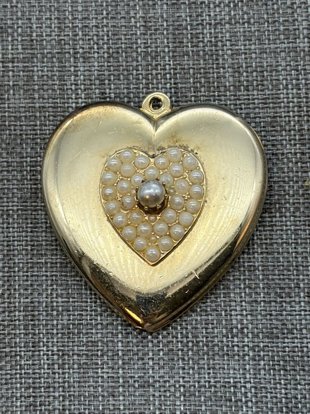 Heart-Shaped Pendant 2 In As Is Gold White Pearl Vintage Charm Retro Glam Puffy